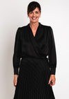 Camelot Draped Satin Wrap Blouse, Black