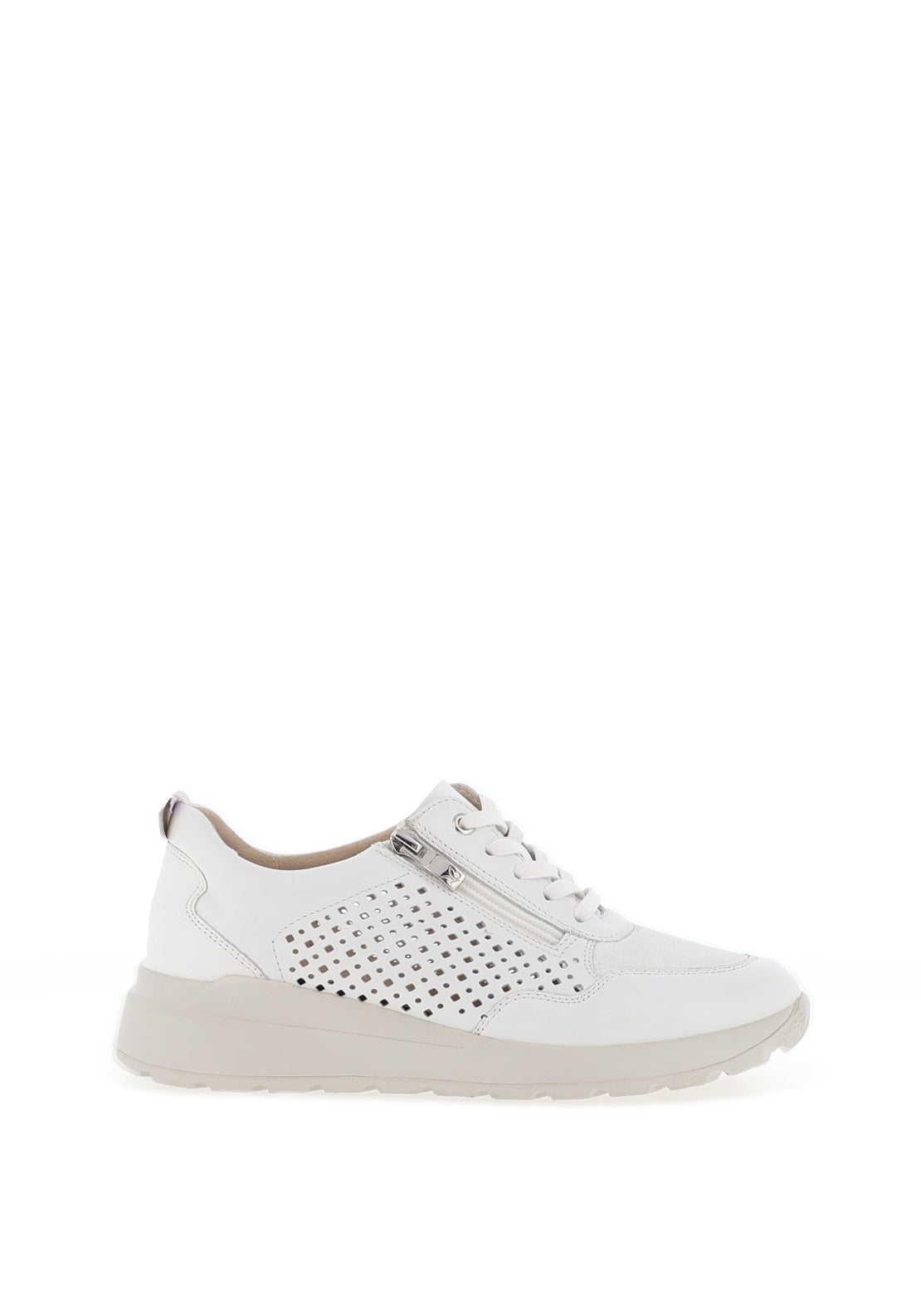 Caprice Shining Diamond Perforated Leather Trainers, White & Silver