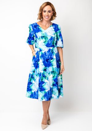 Coco Doll Modi Floral Print V Neck Flared Dress, Blue