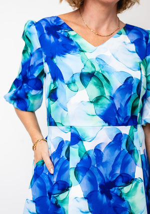 Coco Doll Modi Floral Print V Neck Flared Dress, Blue