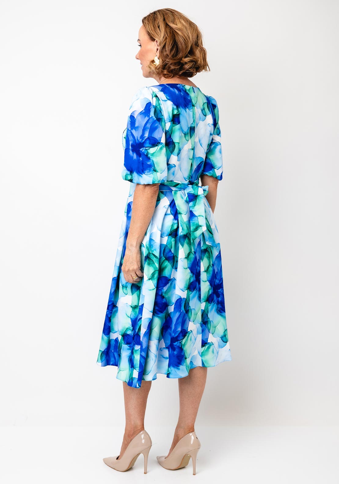 Coco Doll Modi Floral Print V Neck Flared Dress, Blue