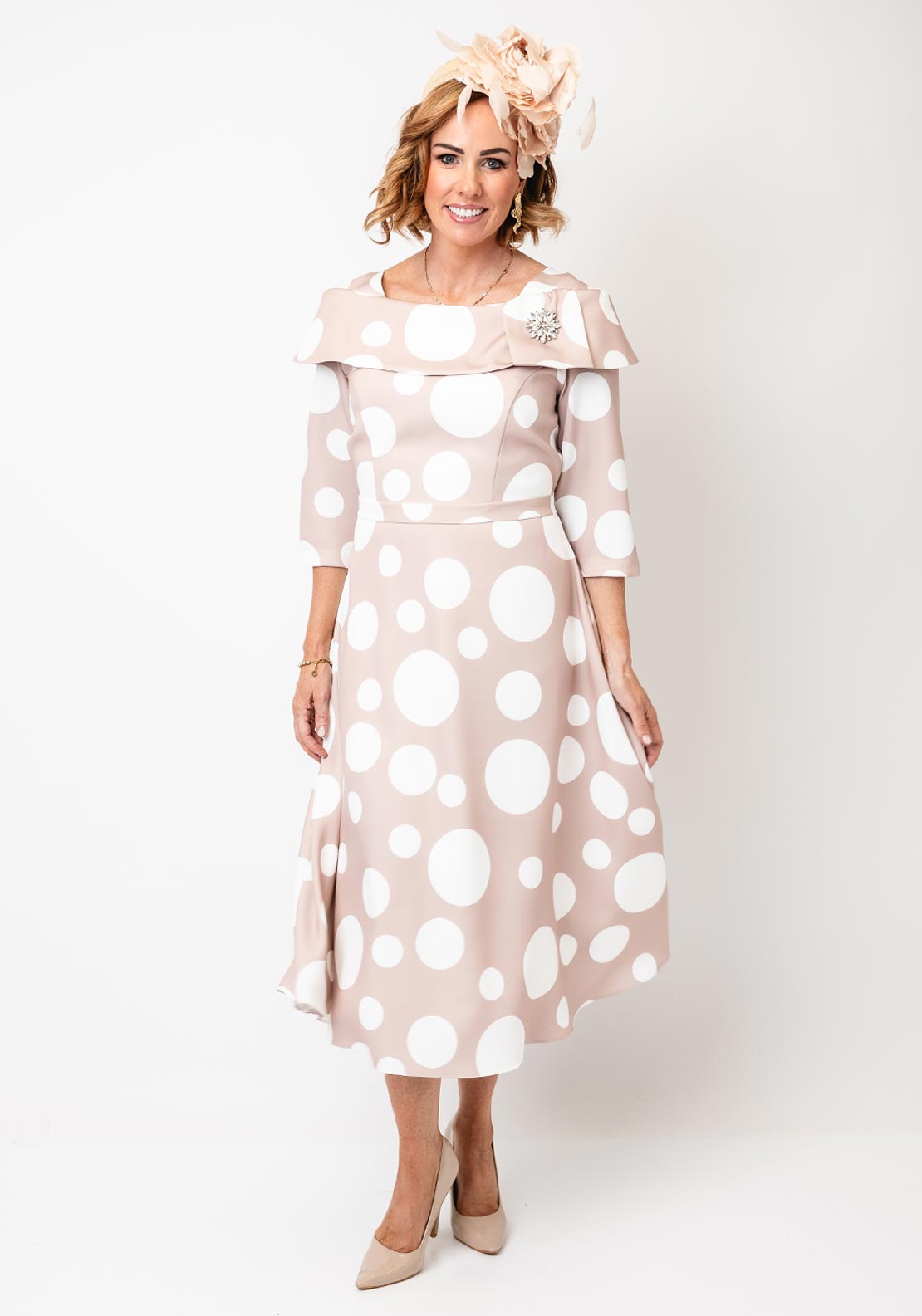 Cassandra Bell Polka Dot Fit and Flare Dress, Beige
