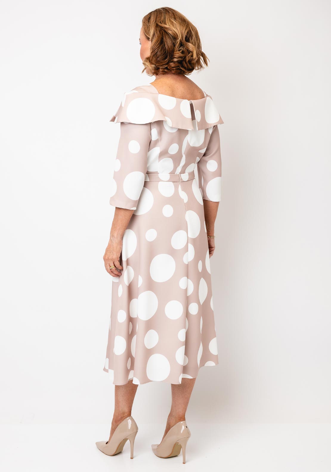 Cassandra Bell Polka Dot Fit and Flare Dress, Beige
