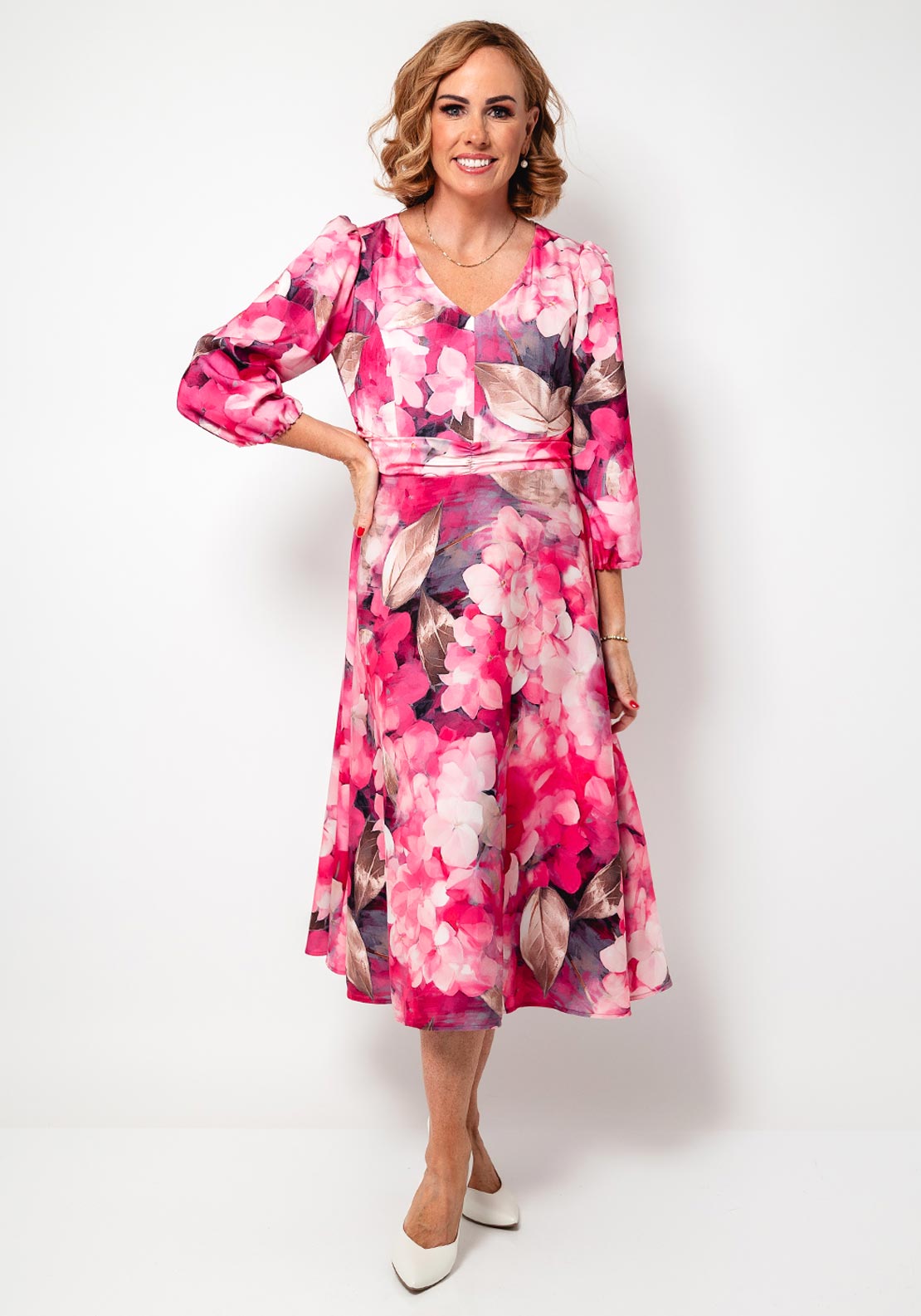 knee length dresses for ladies Cassandra Carly Floral V-Neck Floral Midi Dress, White Multi main image 1