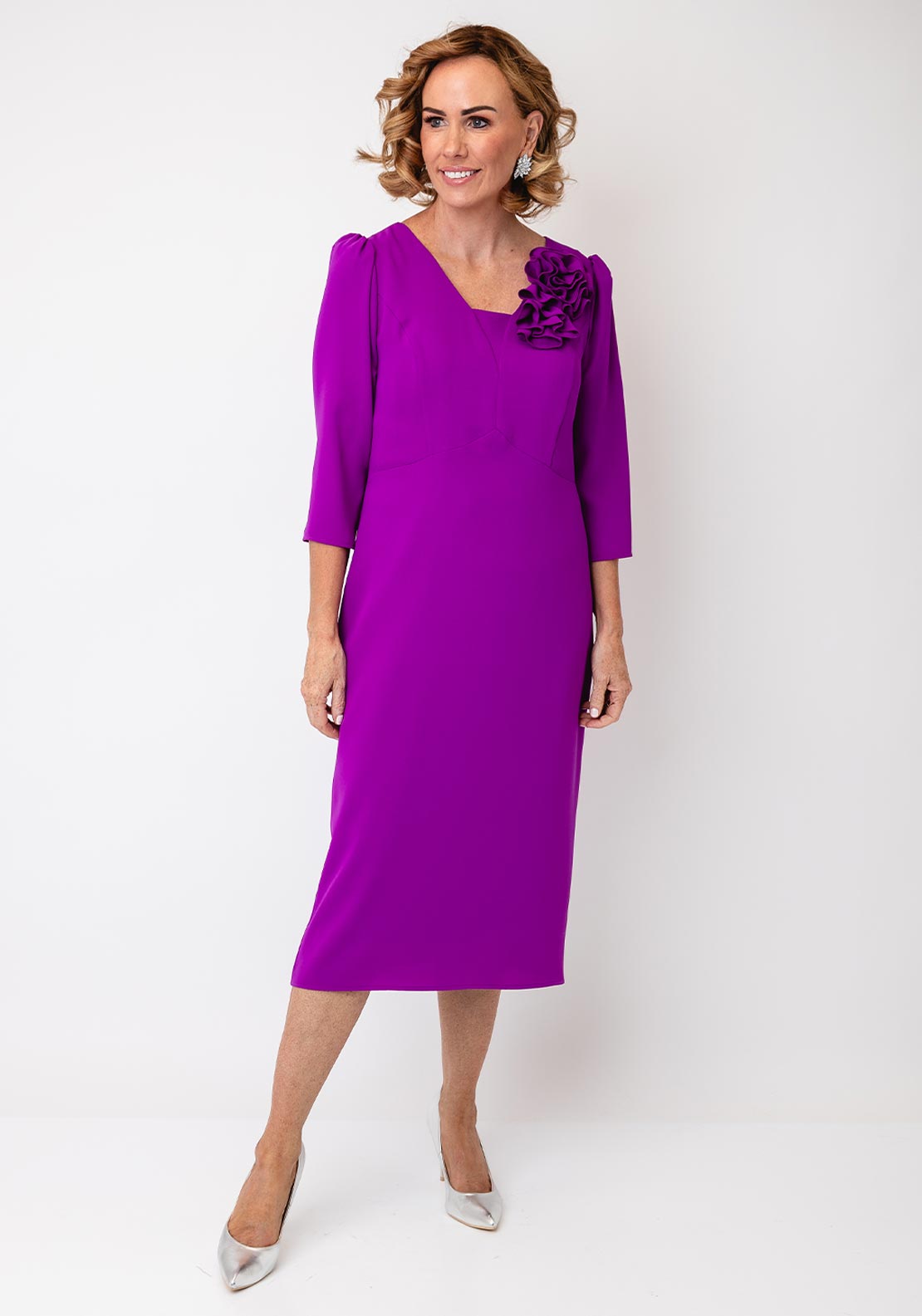 Cassandra 3D Floral Detail Midi Occasional Dress, Purple
