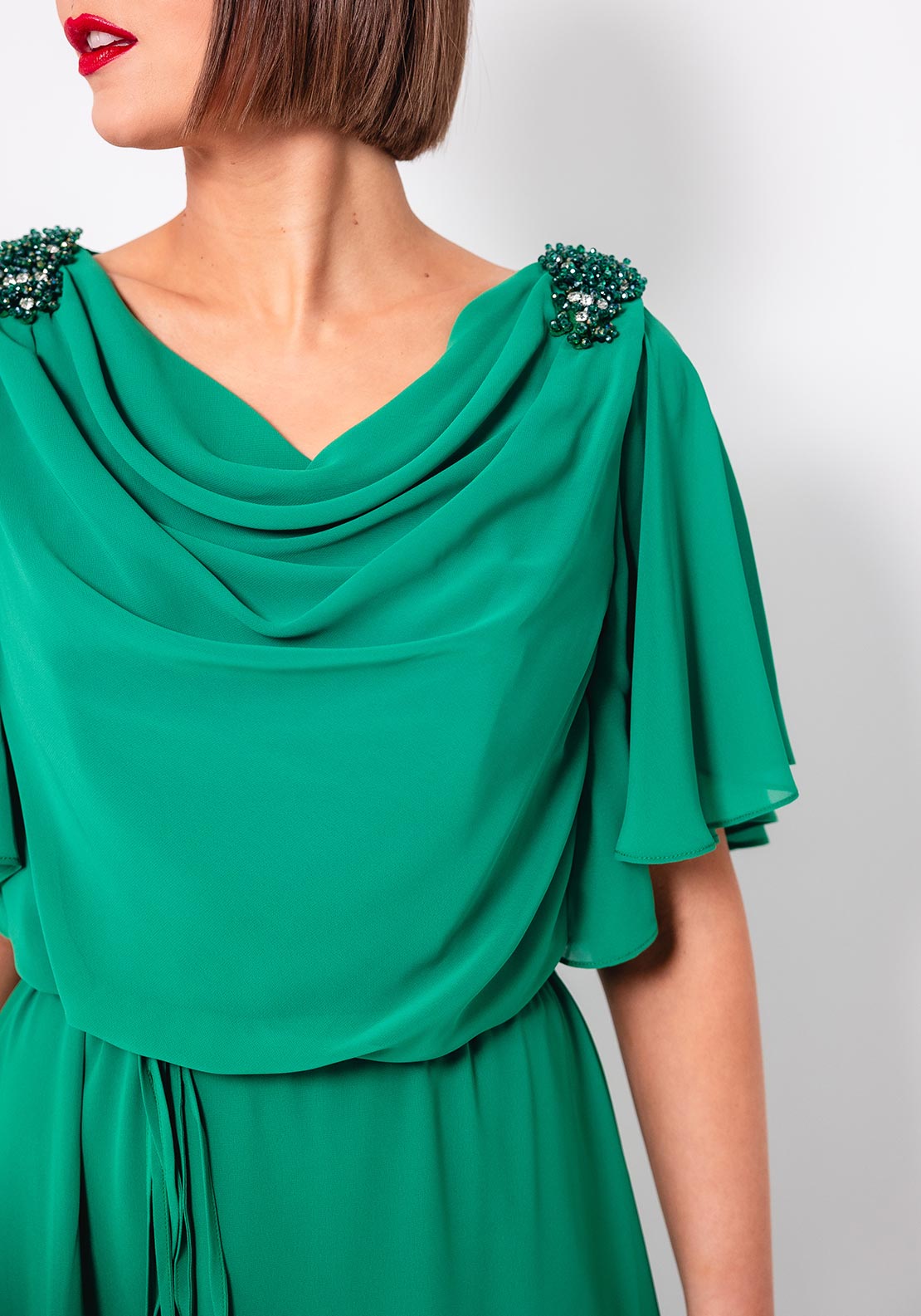 Cassandra Hello Embellished Cowl Neck Dress, Green