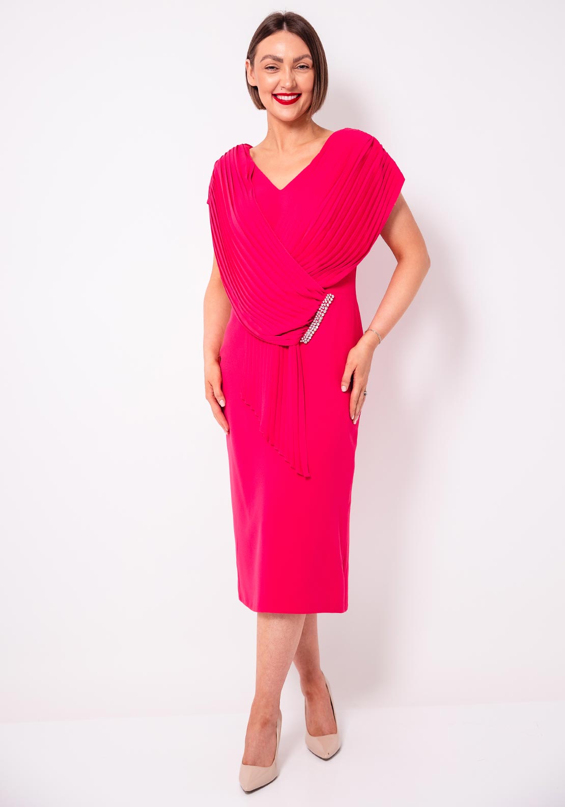 Cassandra Pelo Pleated Panel Pencil Dress, Pink