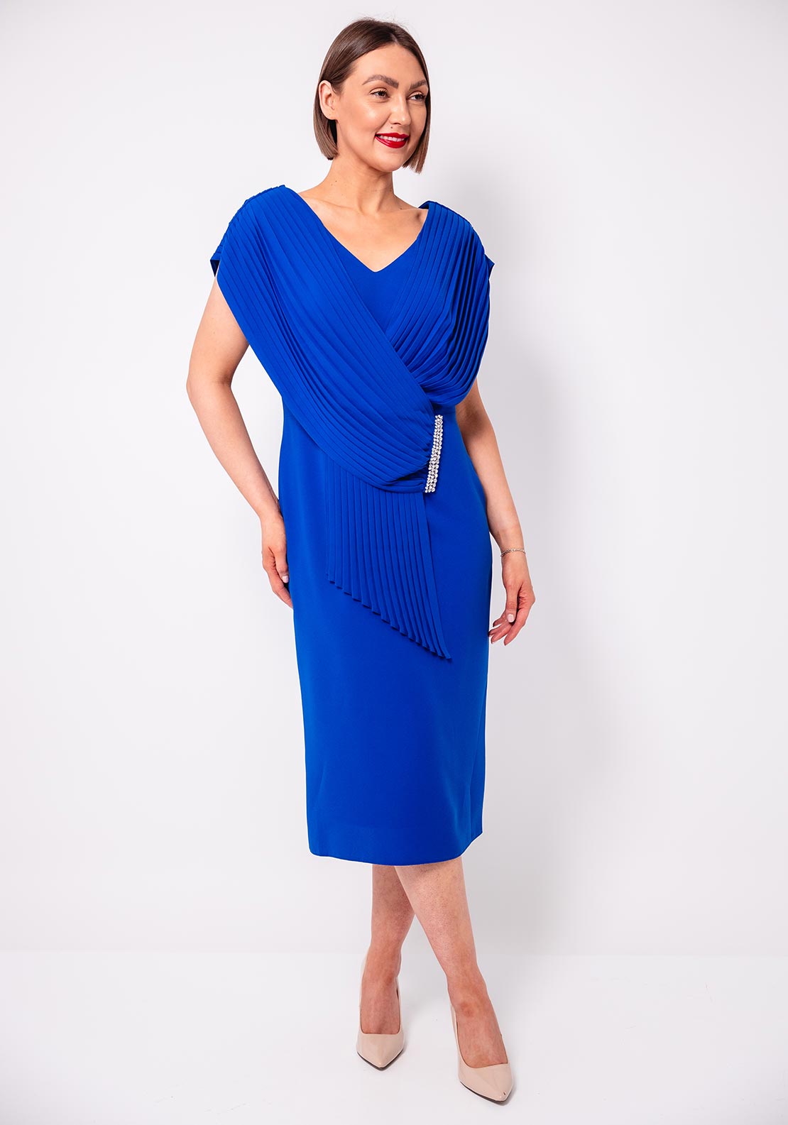 Cassandra Pelo Pleated Panel Pencil Dress, Blue