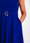 Castings Belted Waist with Gold Brooch Midi A-line Dress, Azul