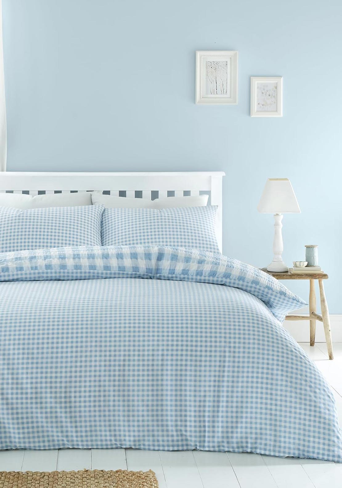 Catherine Lansfield Seersucker Gingham Check Duvet Cover Set, Blue