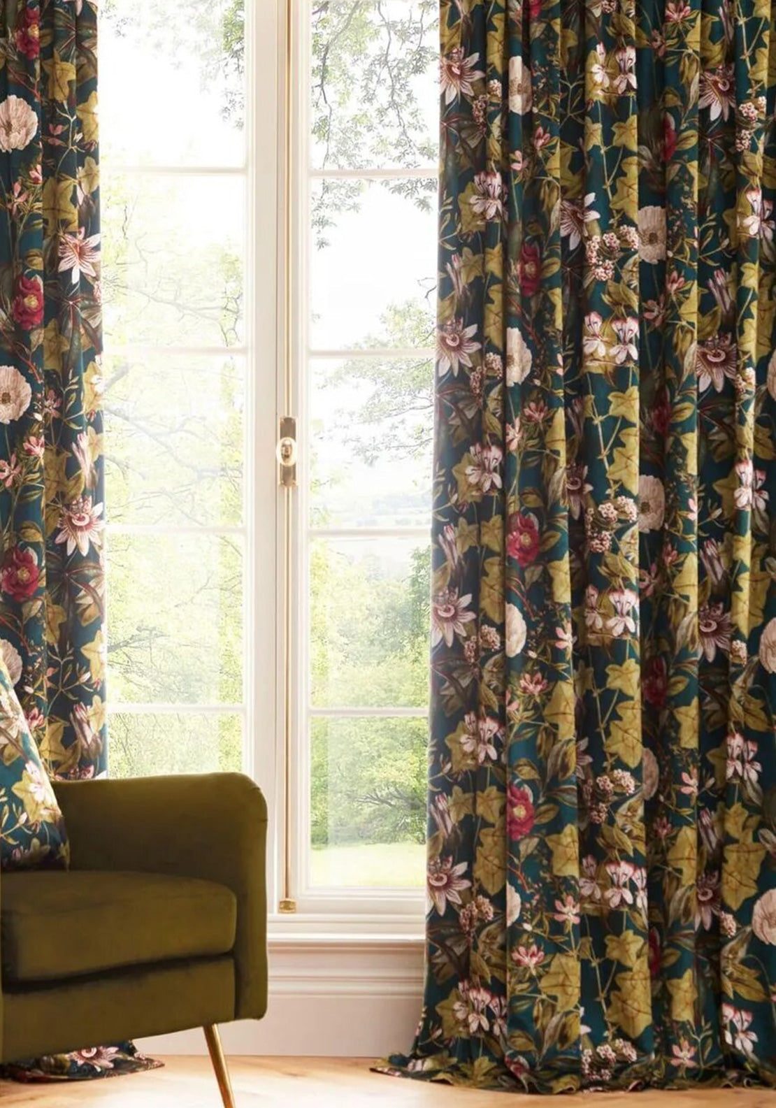 Clarke & Clarke Passiflora Floral Eyelet Curtains 90”x 90”, Emerald