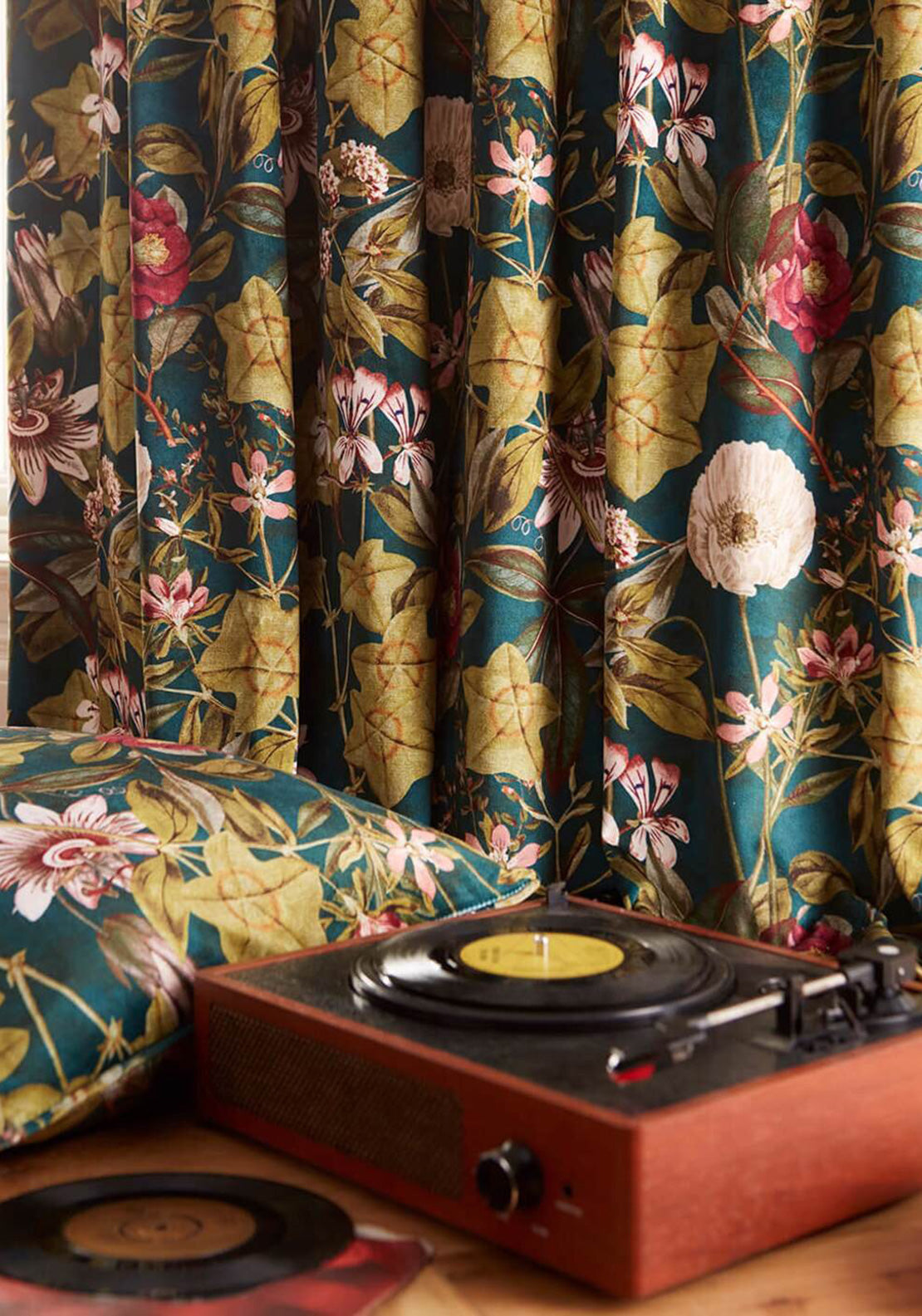 Clarke & Clarke Passiflora Floral Eyelet Curtains 90”x 90”, Emerald