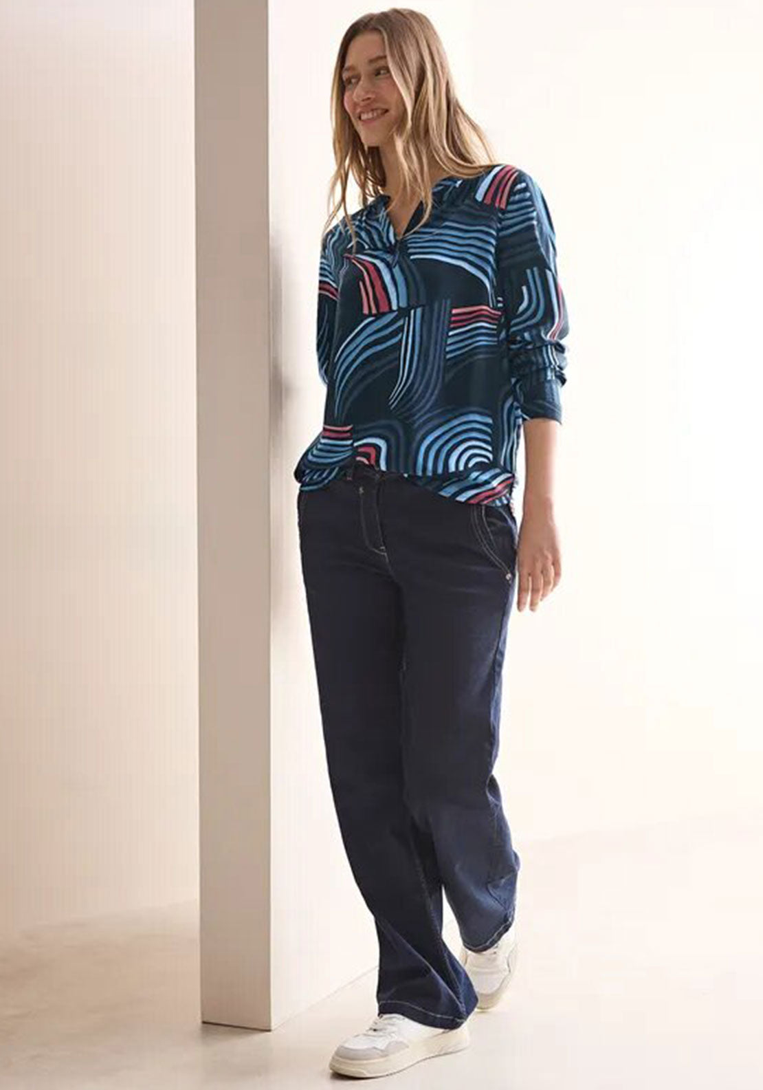 Cecil Abstract Print V Neck Blouse, Navy