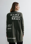 Cecil Text Print Long Open Knit Cardigan, Dynamic Khaki