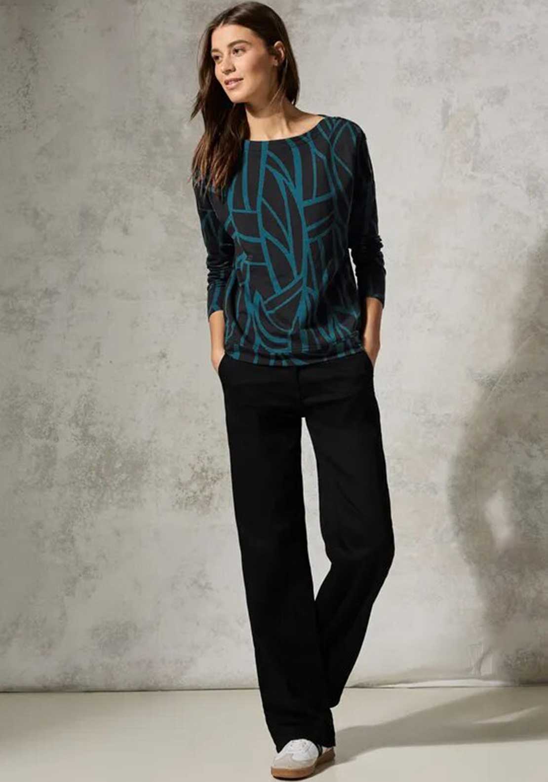 Cecil Button Shoulder Geometric Print Top, Black