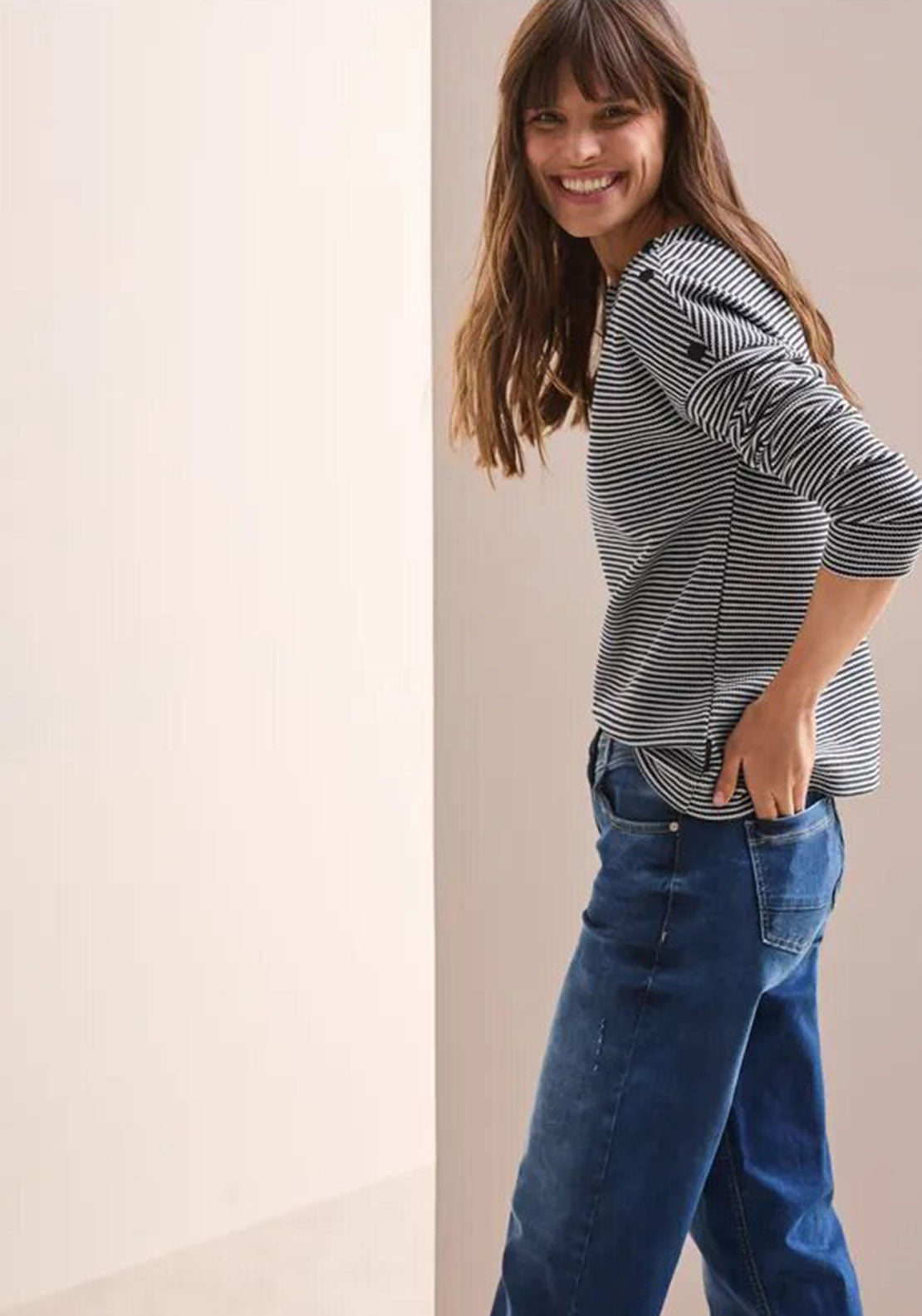 Cecil Button Detail Striped Top, Navy and White