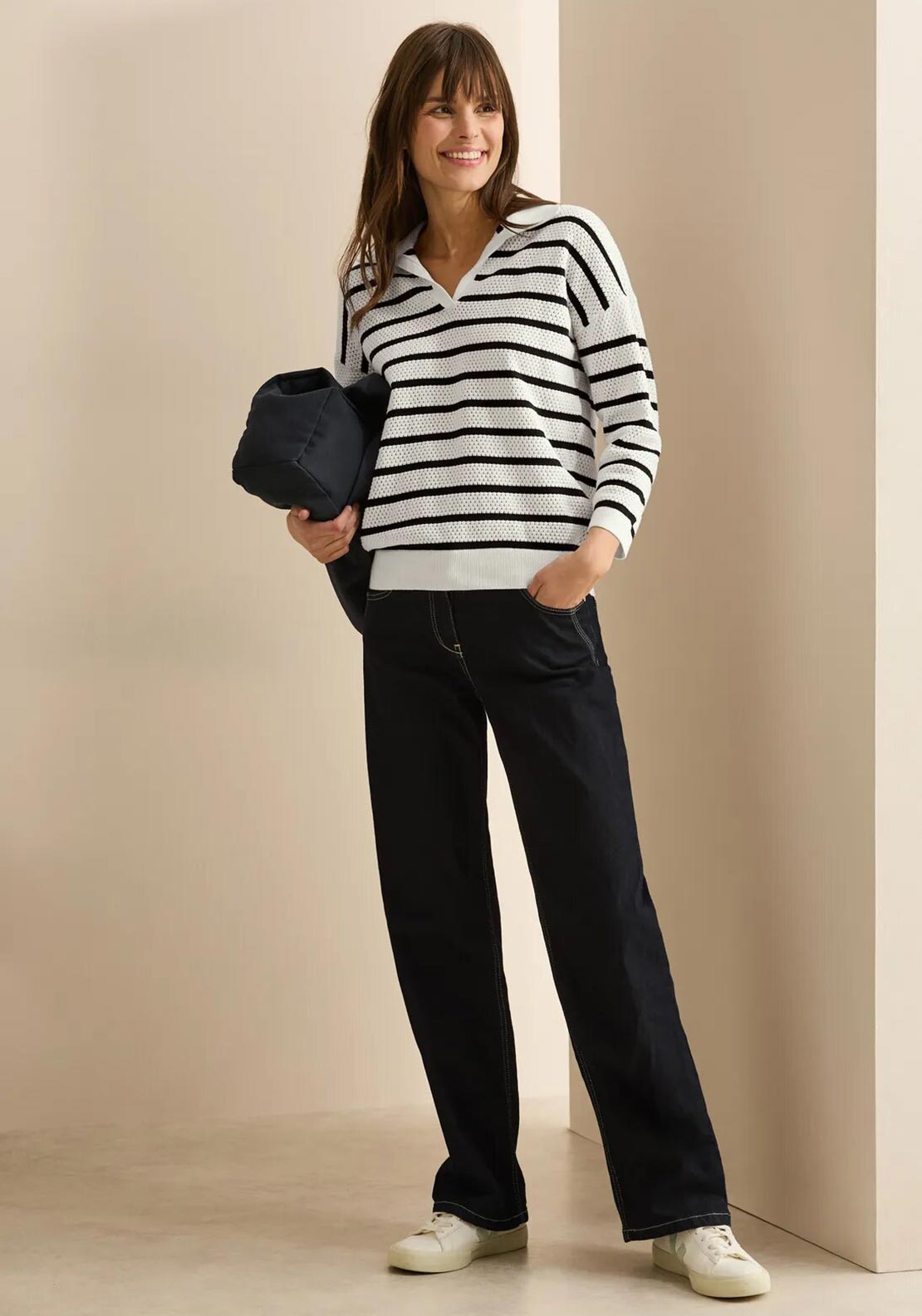 Cecil Knit Striped Sweater, White and Navy