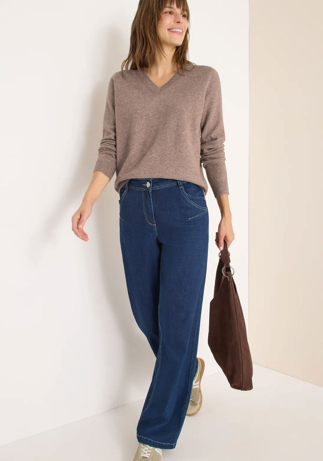 Cecil V Neck Fine Knit Jumper, Light Brown