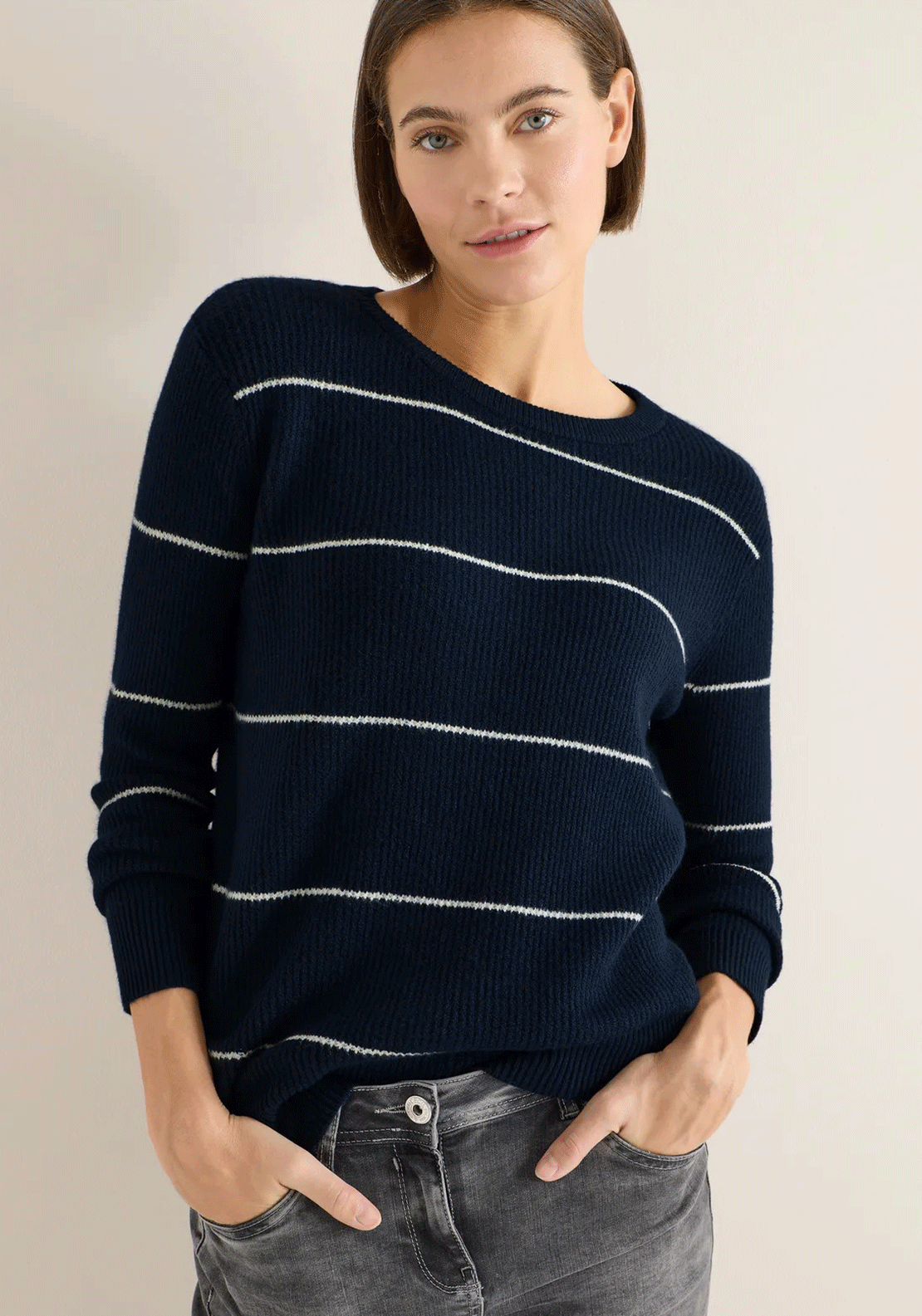 Cecil Ribbed Knit Striped Jumper, Navy