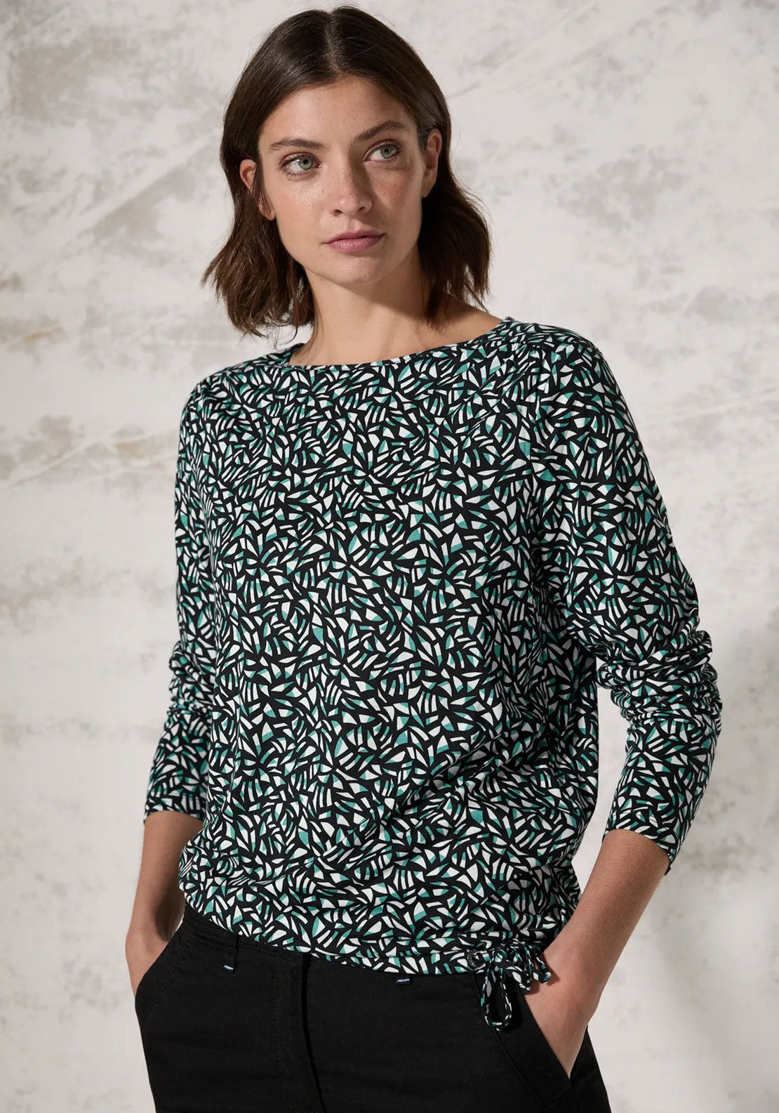 Cecil Printed Jersey Tie Trim Top, Black