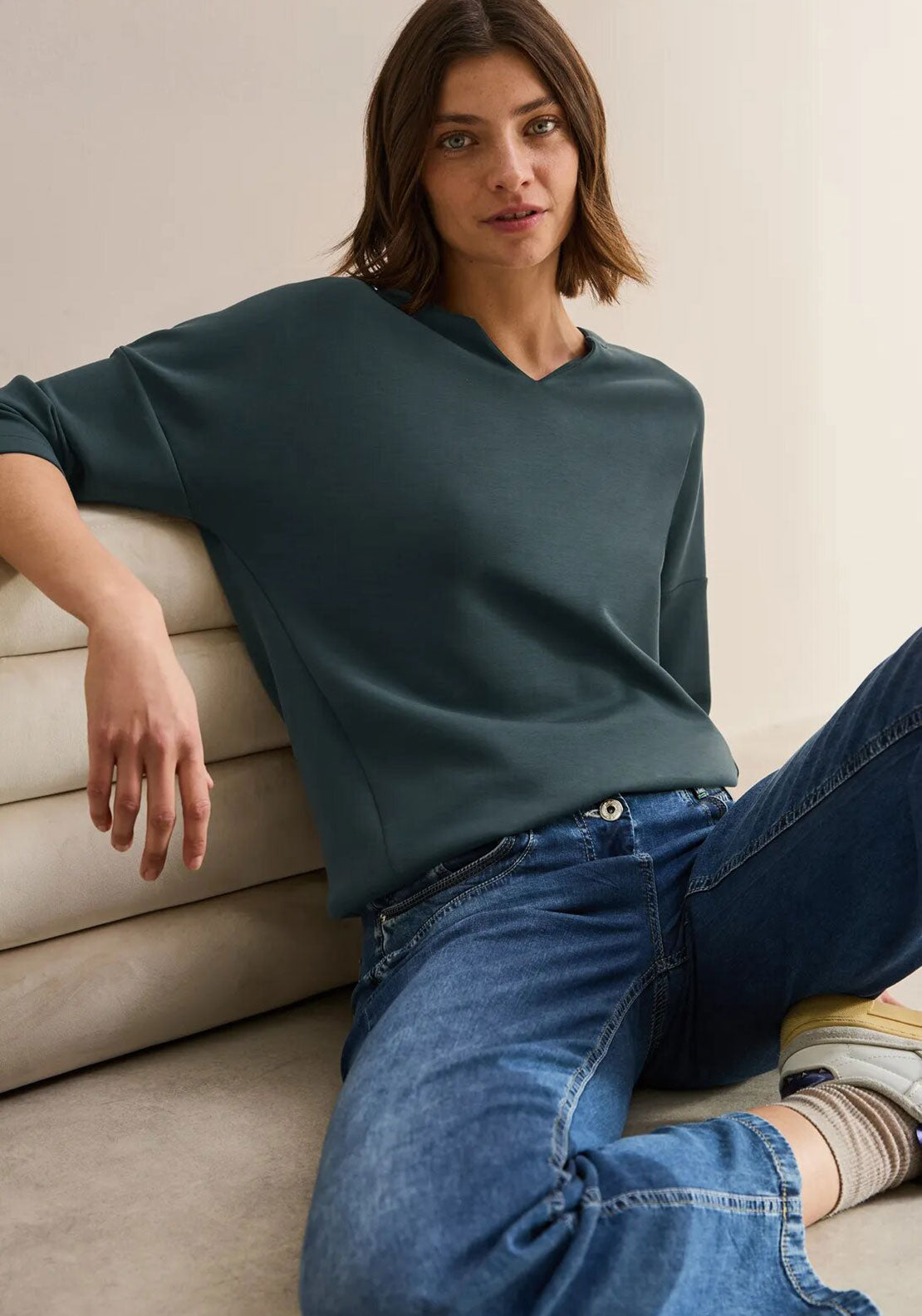 Cecil Scuba Fabric V cut out Top, Dark Green