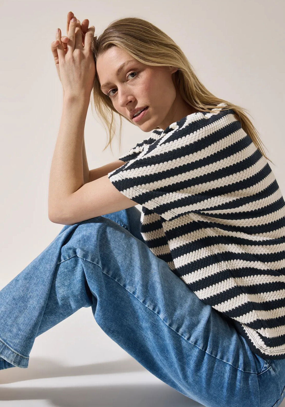 Cecil Knit Striped Top, Navy and Cream