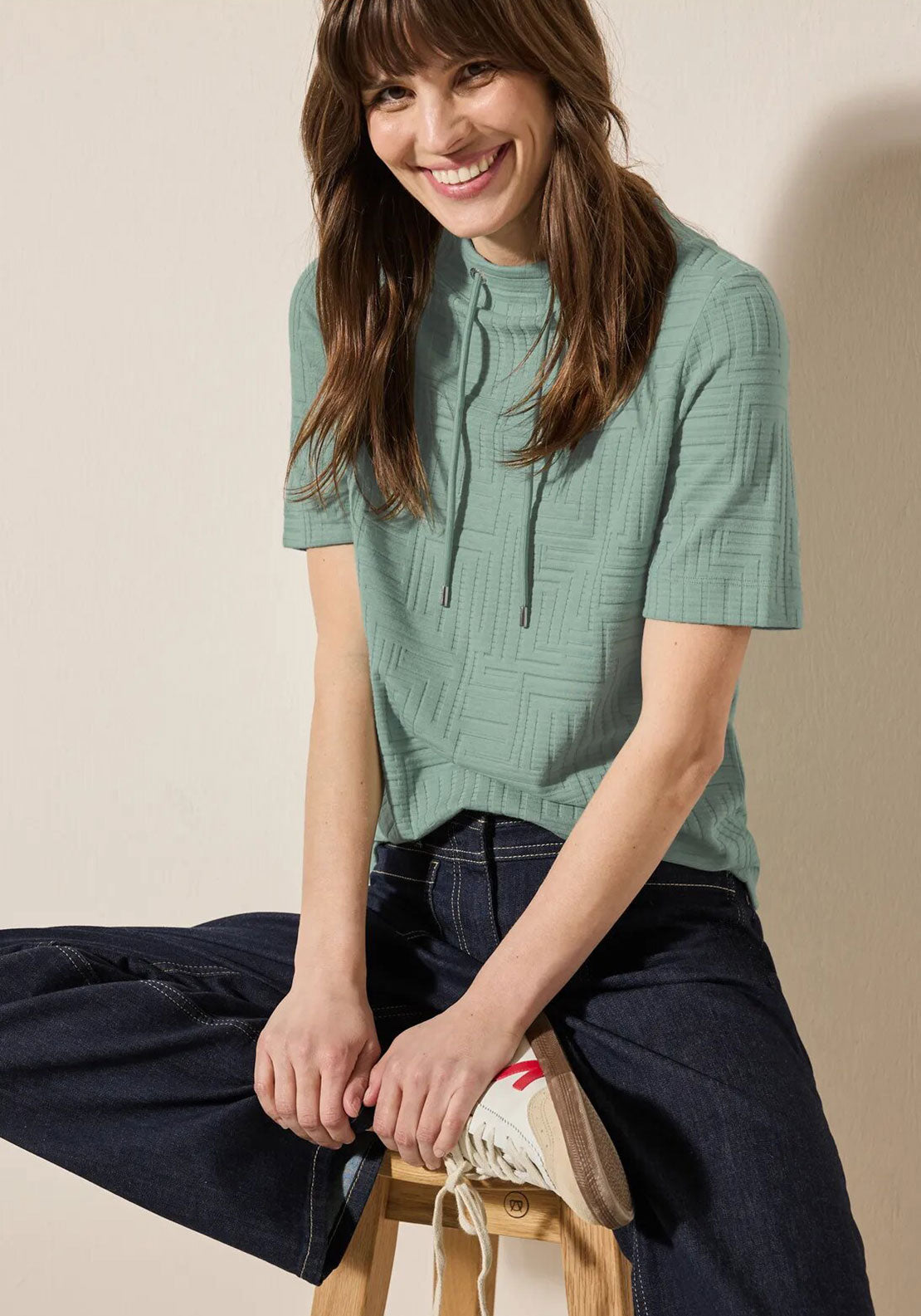 Drawstring Neck Cecil Jacquard Drawstring Neck Top, Green - McElhinneys