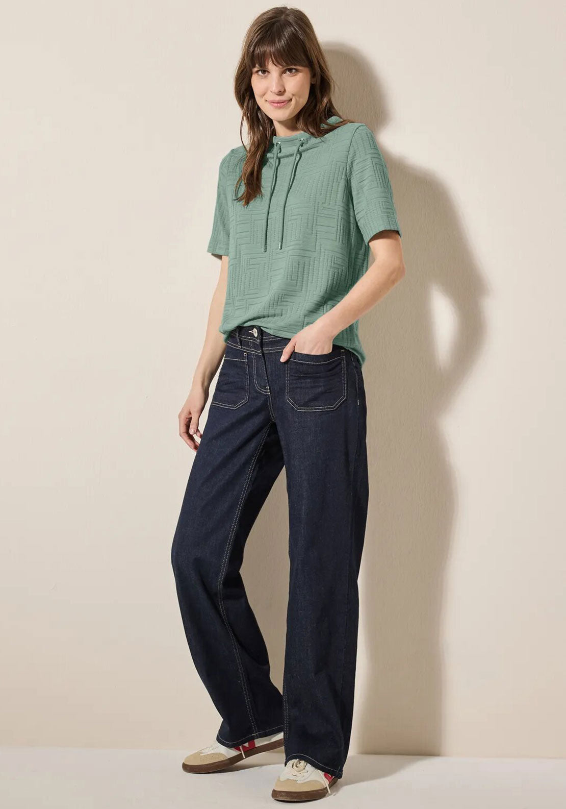 Cecil Jacquard Drawstring Neck Top, Green