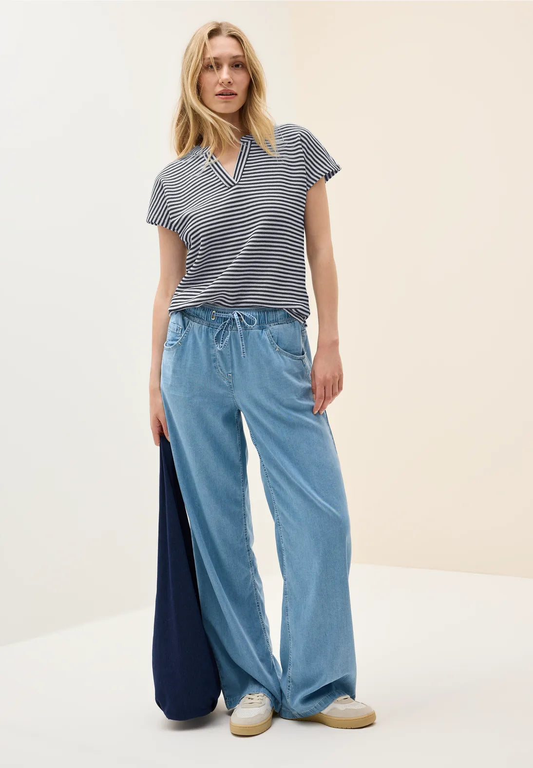 Cecil Striped V Neck Top, Navy