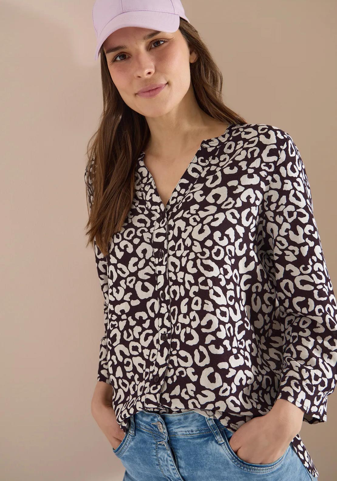 Cecil Leopard Linen V Neck Blouse, Brown