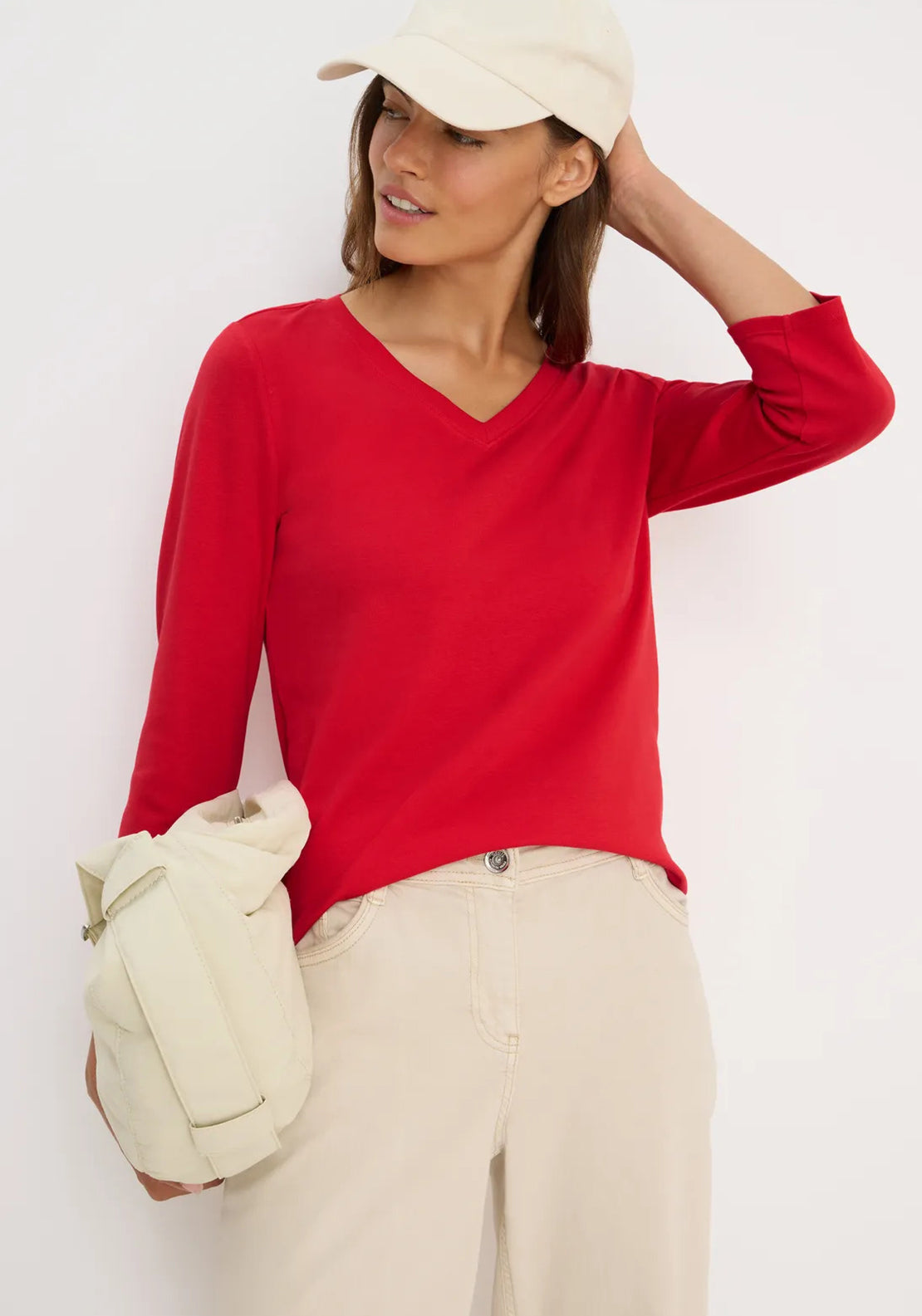 Cecil V Neck Cropped Sleeve Top, Red