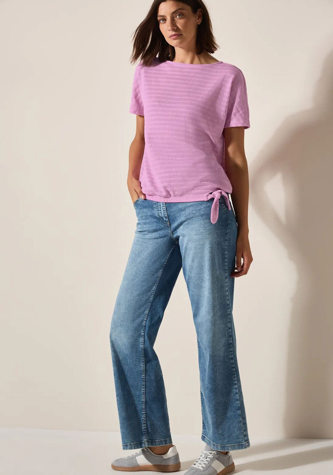 Cecil Textured Rib Tie Trim Top, Pink