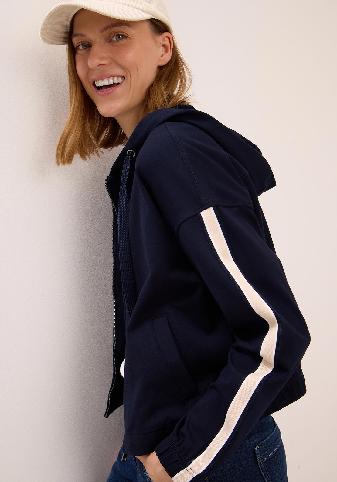Cecil Sweat Jacket with Cream Side Stripe, Navy