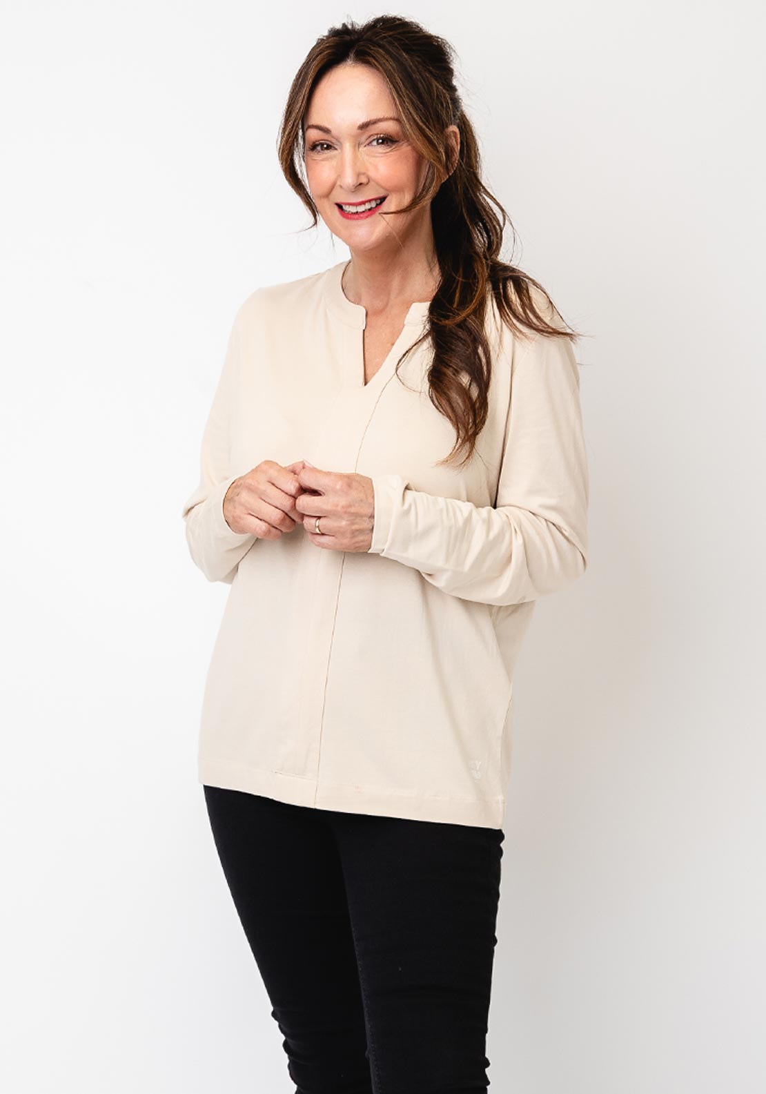 Cecil V-Neck Cotton Long Sleeve Top, Beige