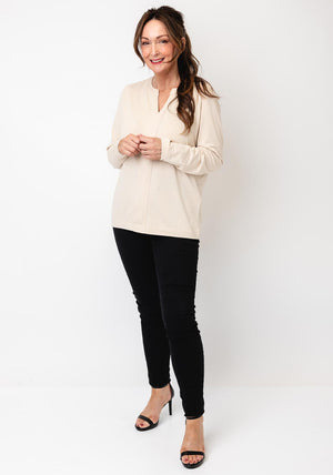 Cecil V-Neck Cotton Long Sleeve Top, Beige