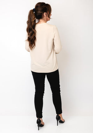 Cecil V-Neck Cotton Long Sleeve Top, Beige