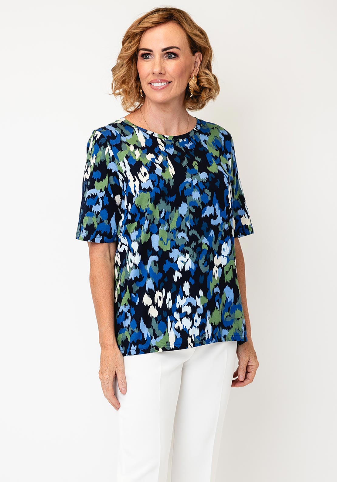 Cecil Abstract Print Round Neck Top, Blue Multi