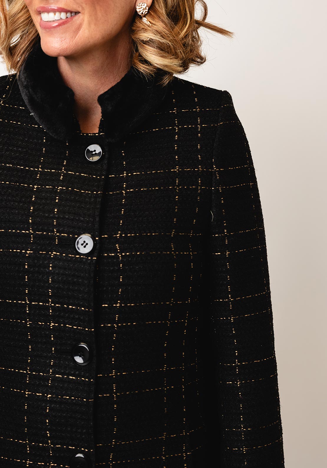 Christina Felix Check Print Boucle Coat, Black - McElhinneys