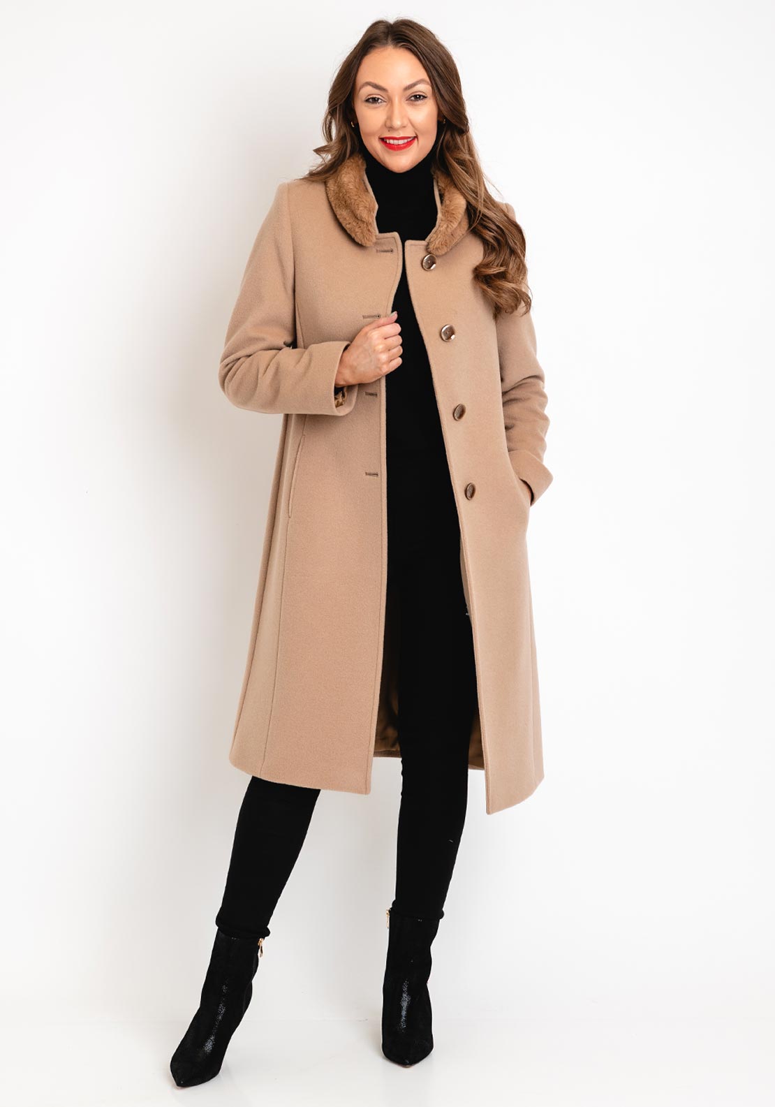 美品❣️HYEON❣️へヨン❣️HAND MADE❣️チェスターコート❣️キャメル❣️ Christina Felix Faux Fur Collar Wool Long Coat, Camel - McElhinneys