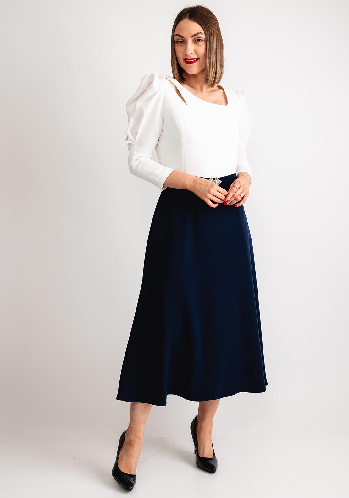 Claudia C Albinon Fit & Flare Dress, White & Navy
