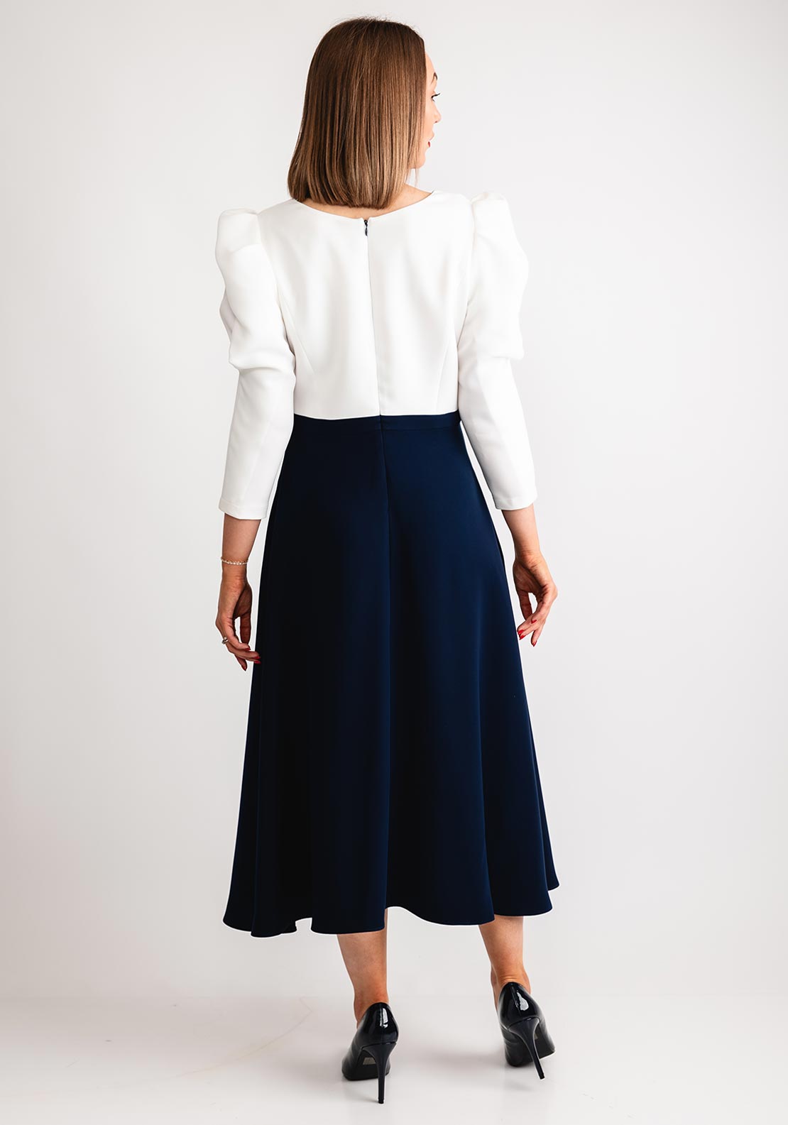 Claudia C Albinon Fit & Flare Dress, White & Navy
