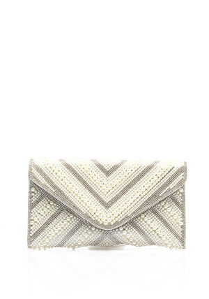Zen Collection Diamante Pearl Envelope Clutch Bag, Silver