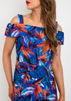 Coco Doll Floral Print Pleated Midi Dress, Royal Blue & Orange