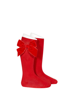 Condor Girls Knee Socks With Velvet Side Bow, Red