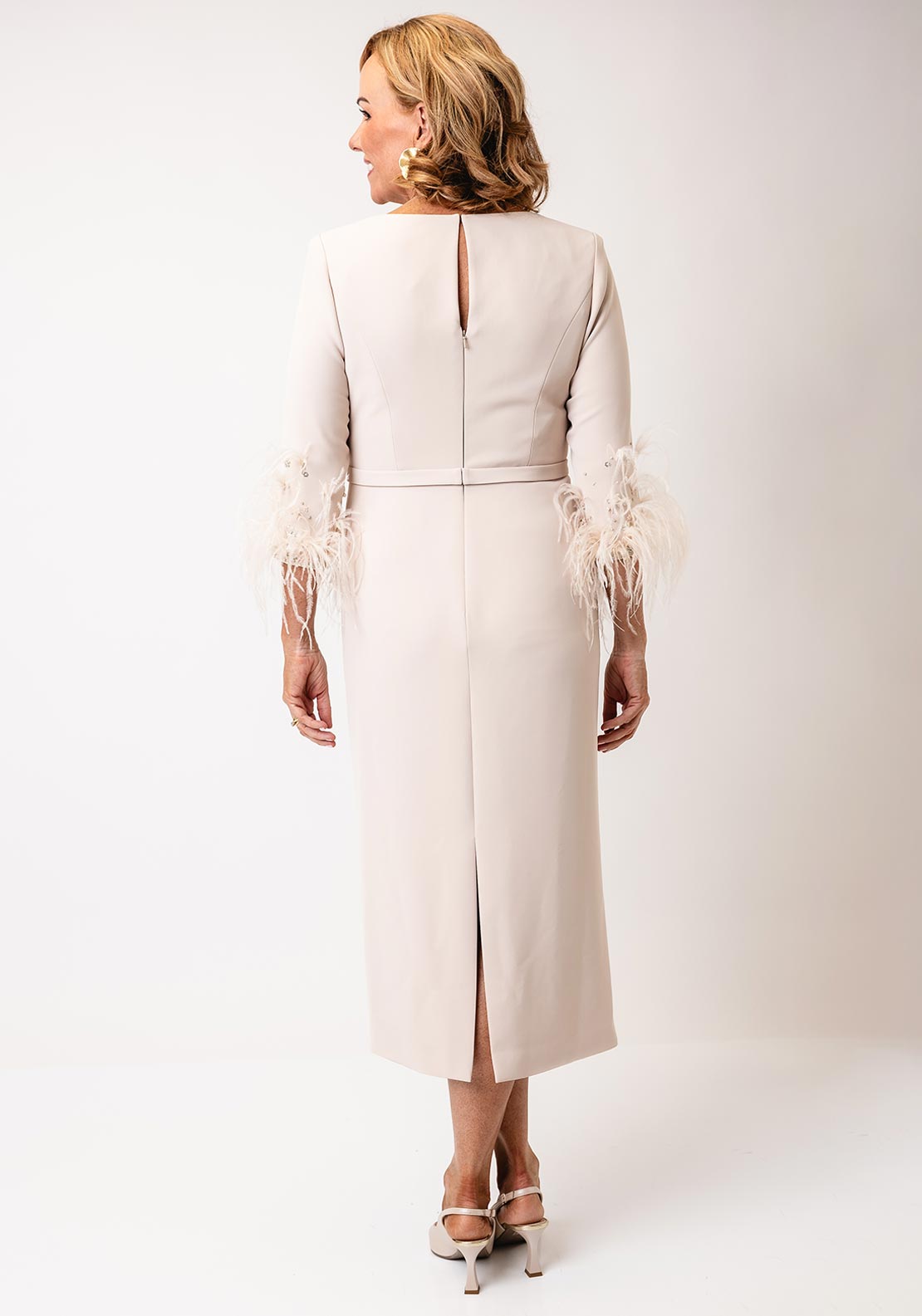 Couture Club Feather Sleeve Pencil Midi Dress, Fuchsia Beige