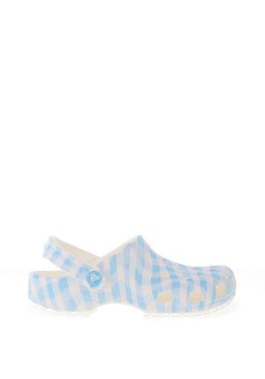 Crocs Womens Classic Gingham Clogs, White & Blue