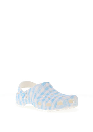 Crocs Womens Classic Gingham Clogs, White & Blue