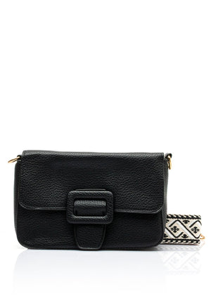 Zen Collection Pebbled Faux Leather Woven Strap Crossbody Bag, Black