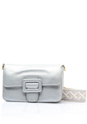 Zen Collection Pebbled Faux Leather Woven Strap Crossbody Bag, Silver