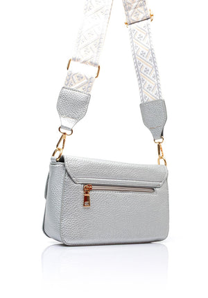 Zen Collection Pebbled Faux Leather Woven Strap Crossbody Bag, Silver